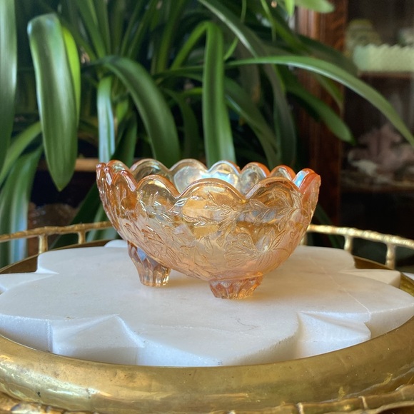 1950’s Jeannette Floragold Marigold Iridescent Carnival Glass Vintage Candy Dish - Picture 8 of 11